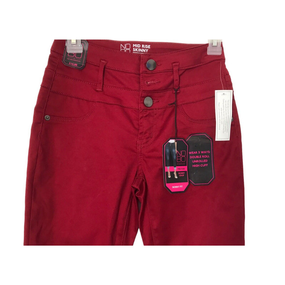 No Boundaries Jeans Womens Size 5 Red Mid Rise Skinny Crop Wear 3 Ways - Picture 1 of 7
